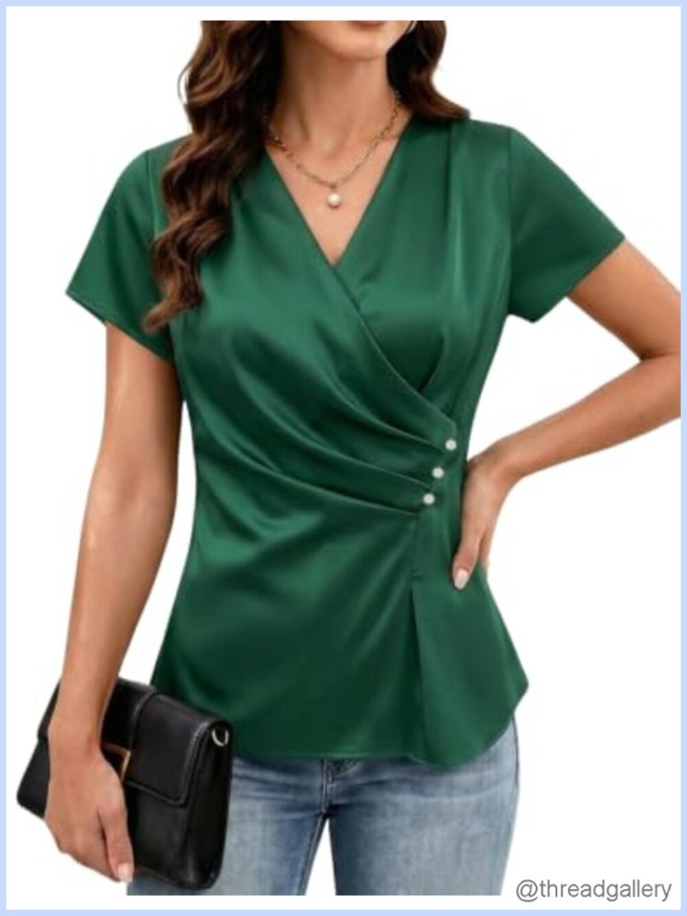 Women's V Neck Satin Blouse Short Sleeve Ruched Button